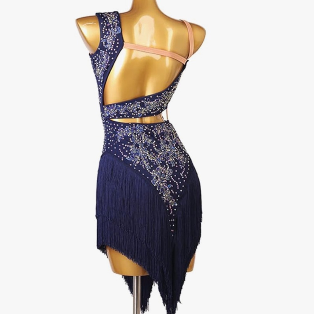 Elegant Navy Blue Embellished Women's Latins Dance Dress - Picture 2 of 2